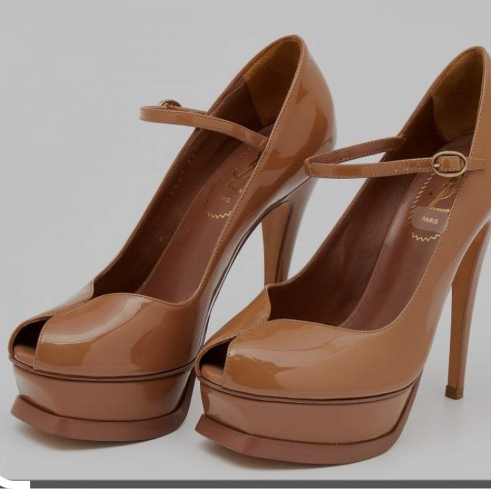 Yves Saint Laurent Tan Platform Heels with Mary Jane Strap